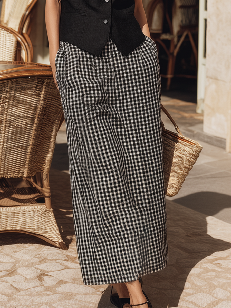 Light Luxury Resort-Style Black Vest And Plaid Skirt Cotton-Linen Set