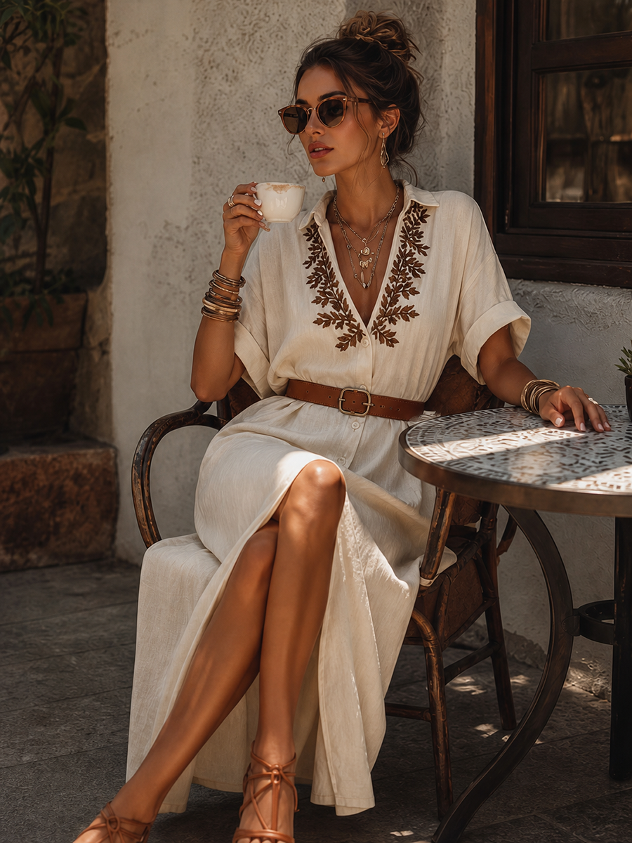 Loose-fitting Vacation-style Collared Short-sleeved Brown Embroidered Beige Maxi Dress