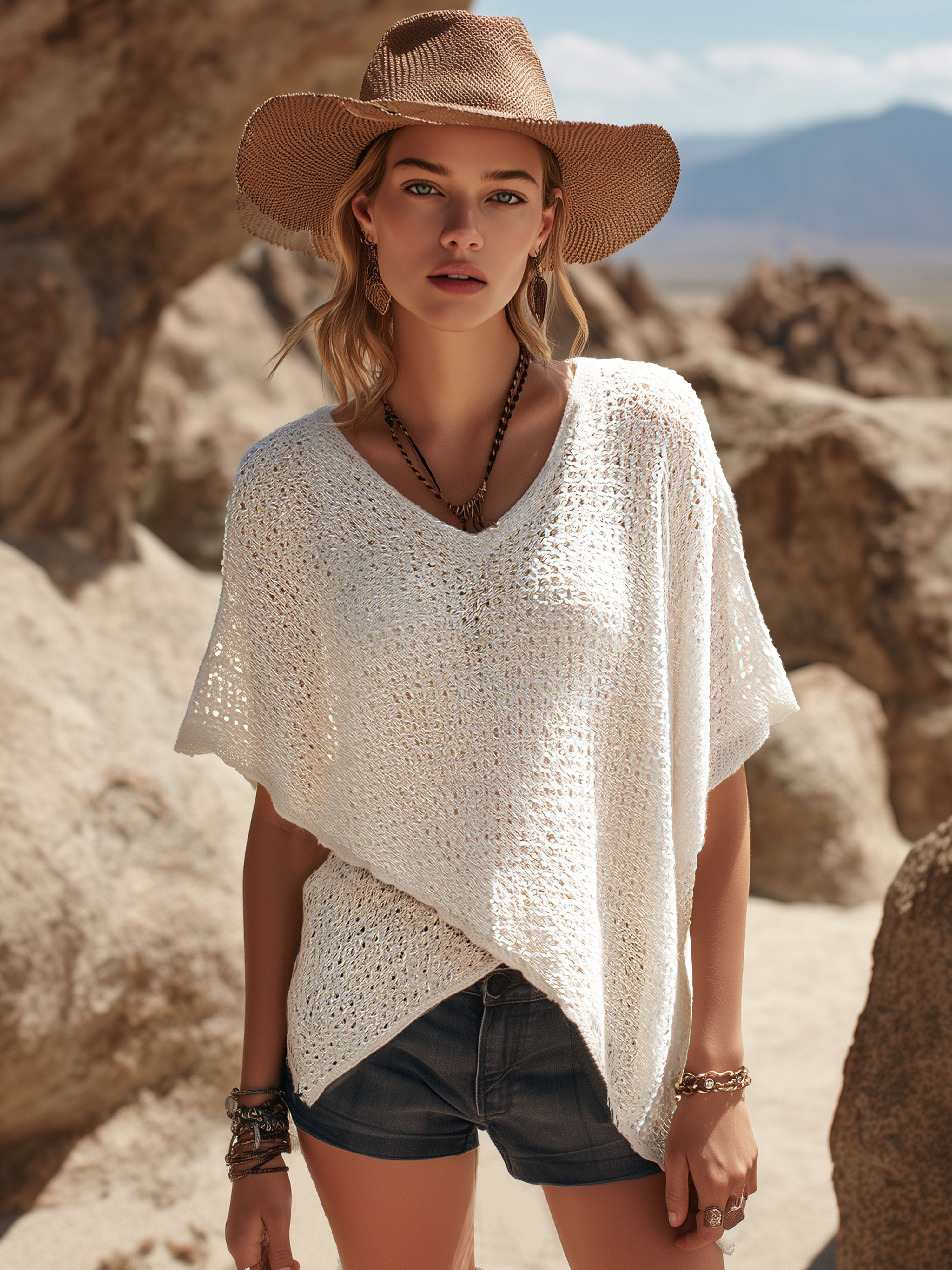 Relaxed Vacation-Style Off-White Mesh Lace T-Shirt