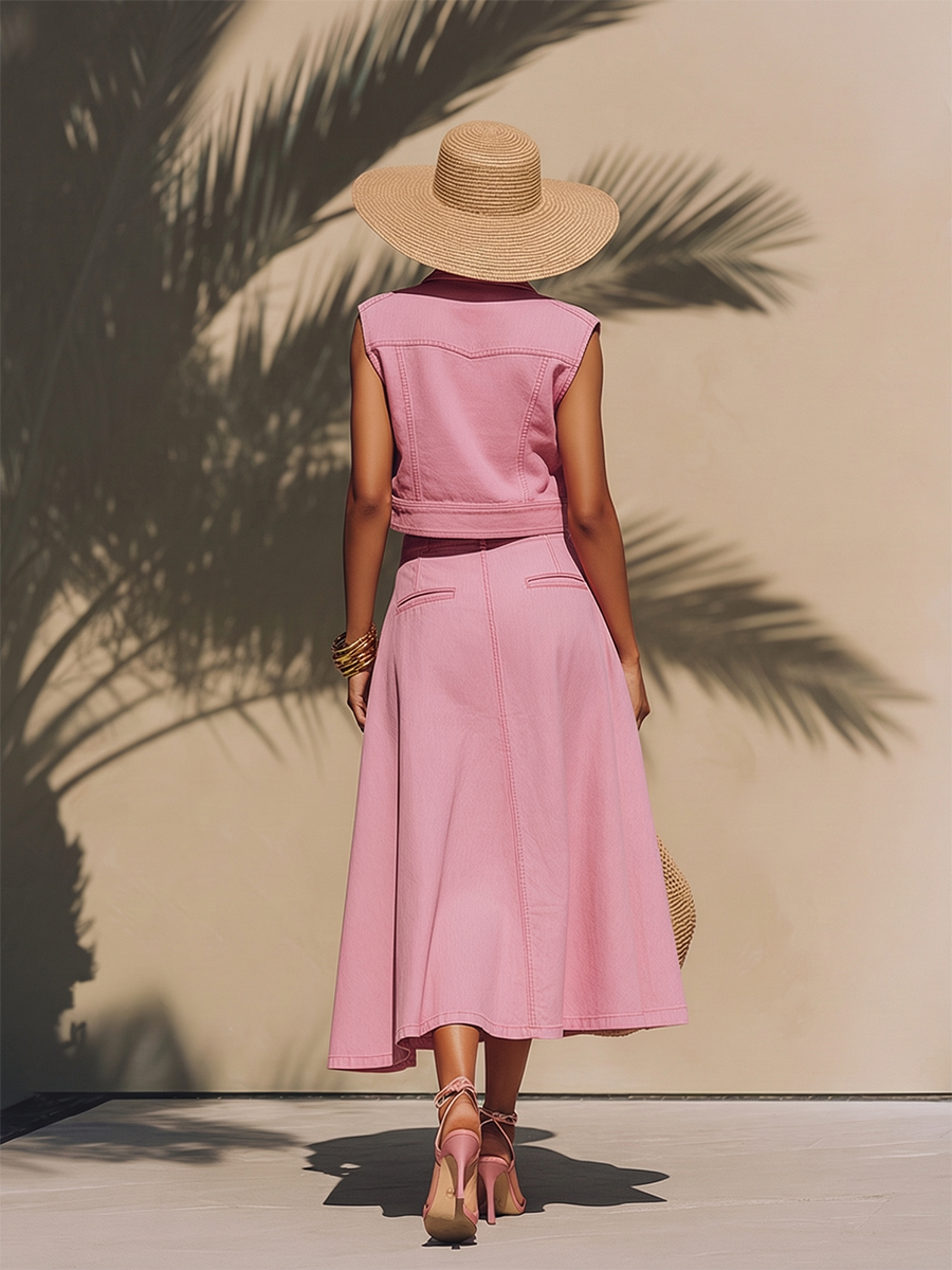 Trendy Vacation Sleeveless Top And Skirt Pink Denim Set