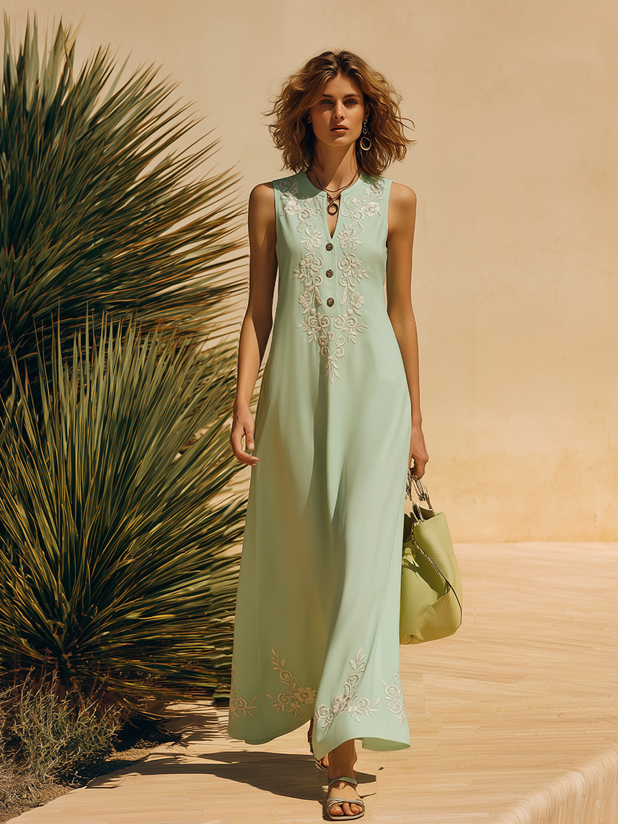Vacation-style Cotton V-neck Sleeveless Embroidered Maxi Dress