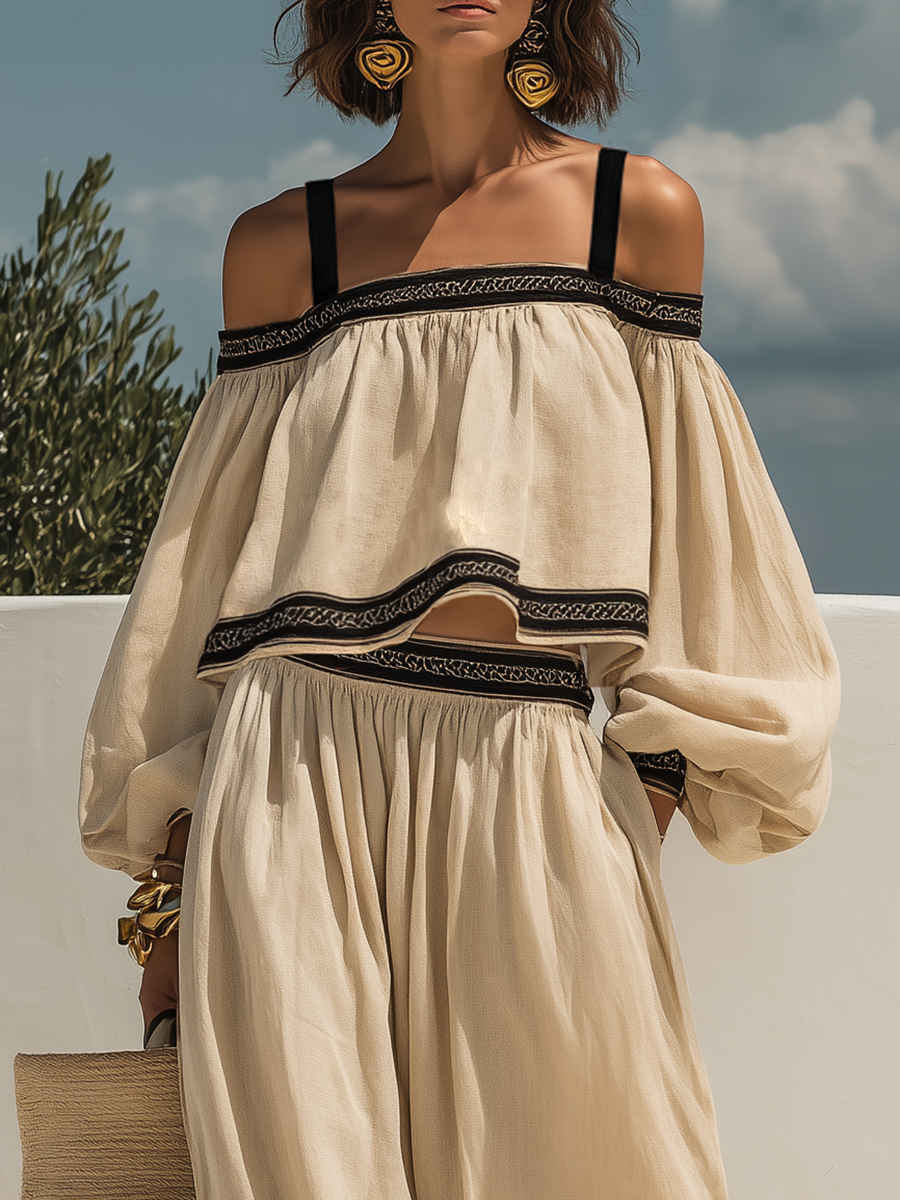 Loose-fitting Off-shoulder Short-sleeved Black Ribbon Top And Wide-leg Pants Set
