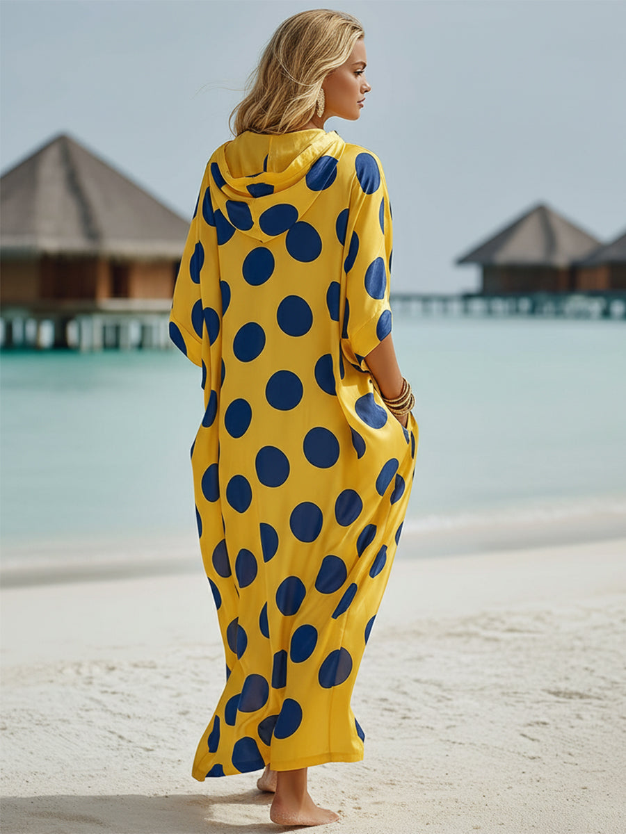 Bohemian Yellow Base With Navy Polka Dots Loose Batwing Sleeve Maxi Dress