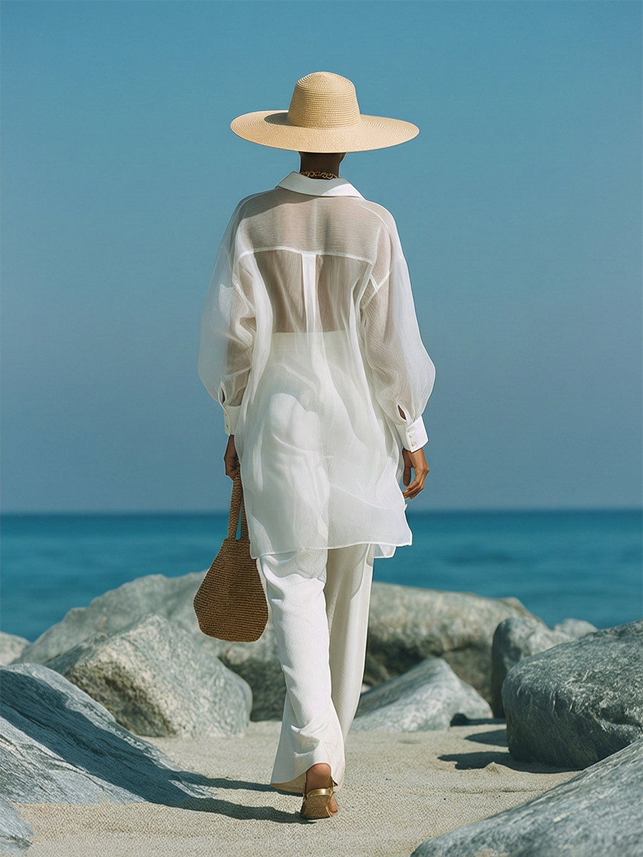 Chic Vacation White Sheer Long-sleeved Shirt And Pants Set