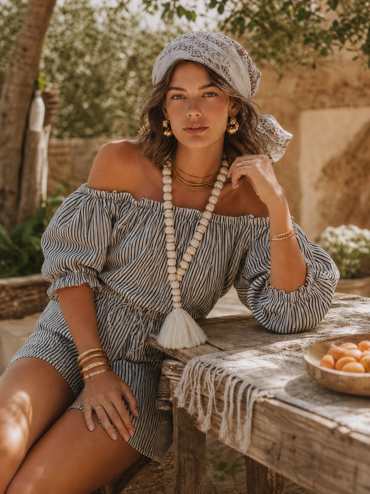 Casual Vacation Striped Off-the-Shoulder Cotton-Linen Romper