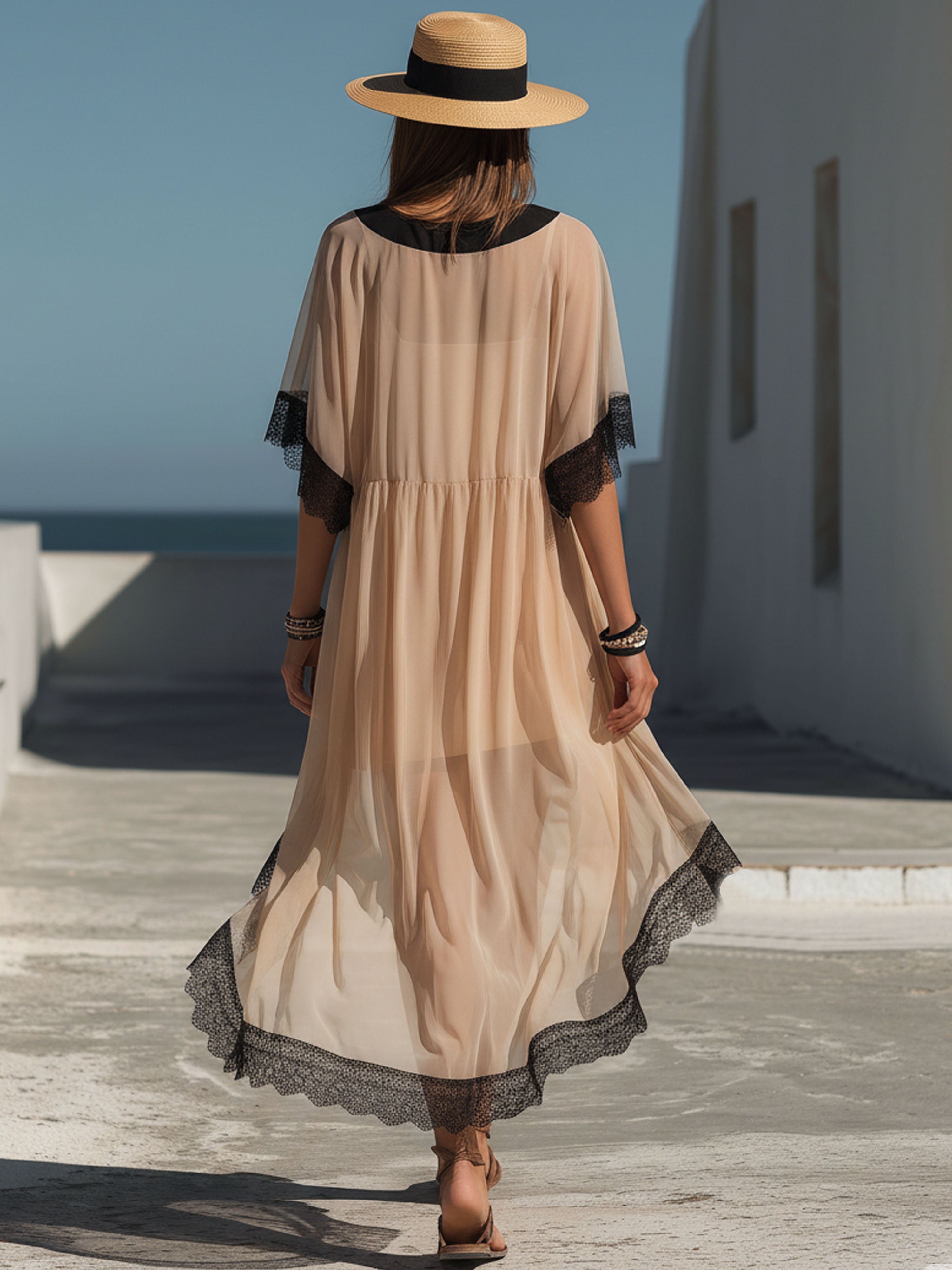 Vacation Black Lace-Trimmed Champagne-Colored Short-Sleeved Maxi Dress