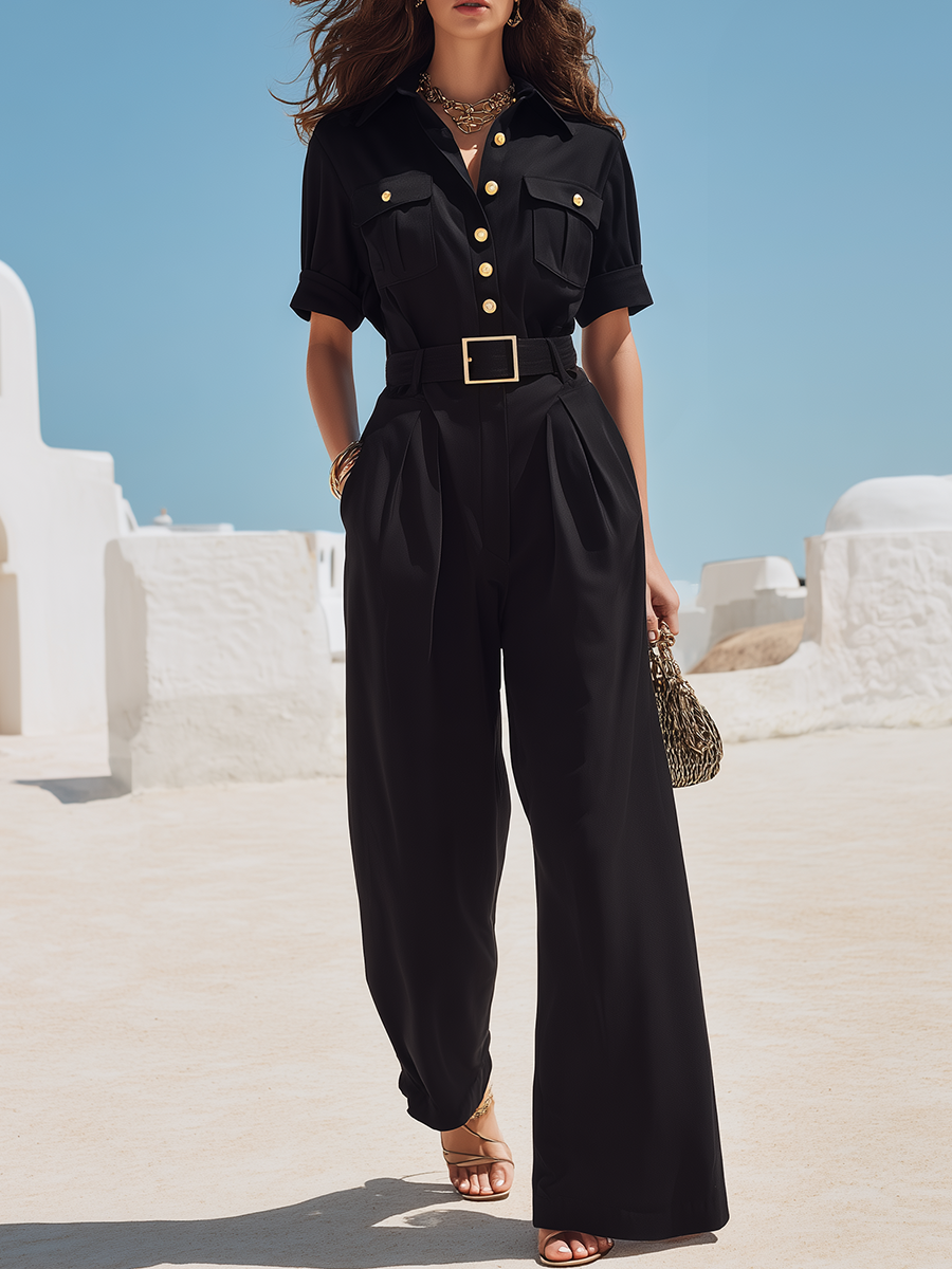 Resort-style Cotton Black V-neck Short-sleeved Trouser Set