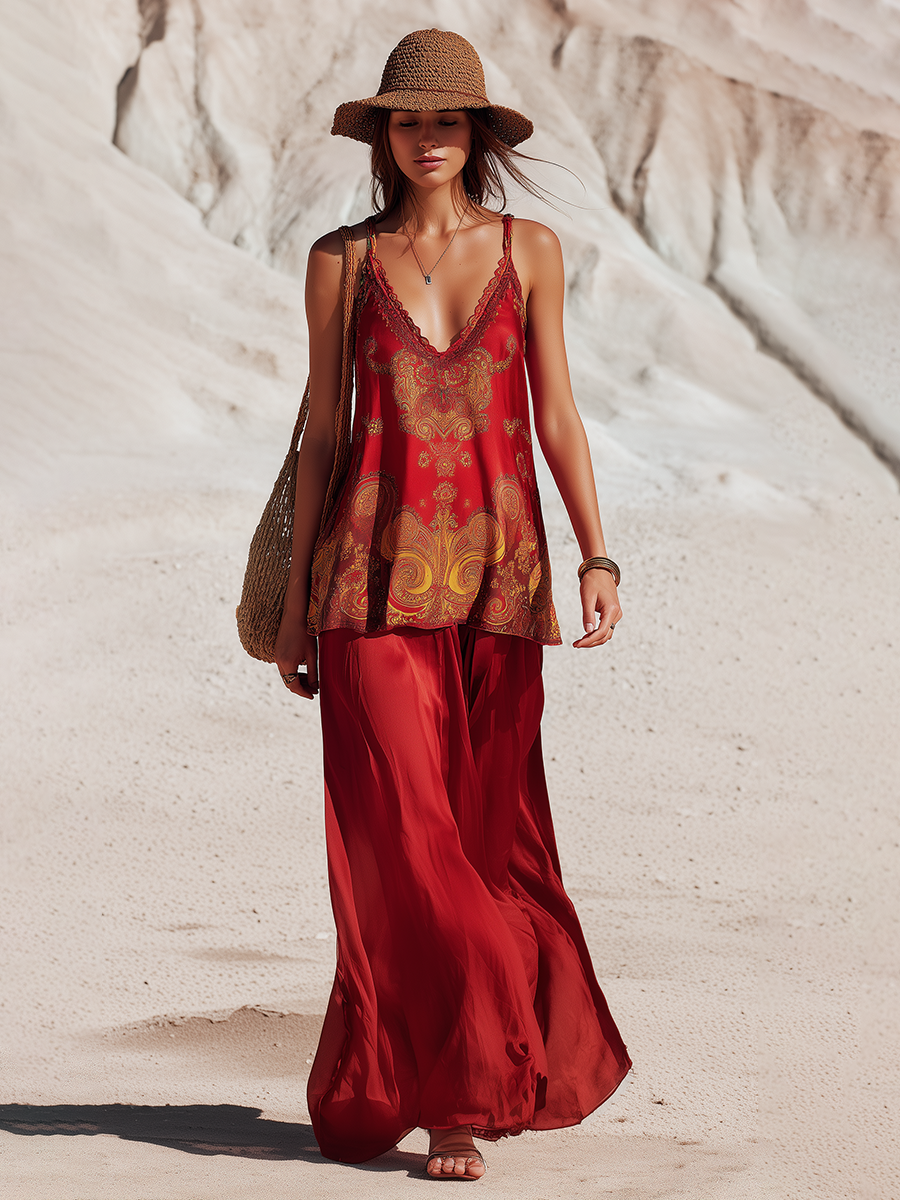 Hot Vacation-style Printed Top And Skirt Red Satin Set