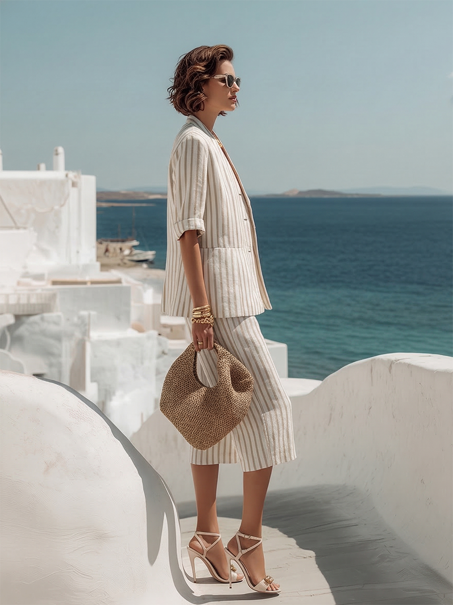 Resort Beige Striped V-Neck Cotton Linen Short-Sleeve Suit And Wide-Leg Capri Trousers Set