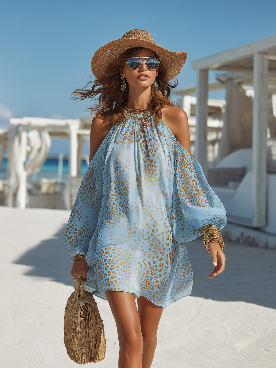 Romantic Bohemian Long-Sleeve Off-Shoulder Leopard Print Blue Chiffon Mini Dress