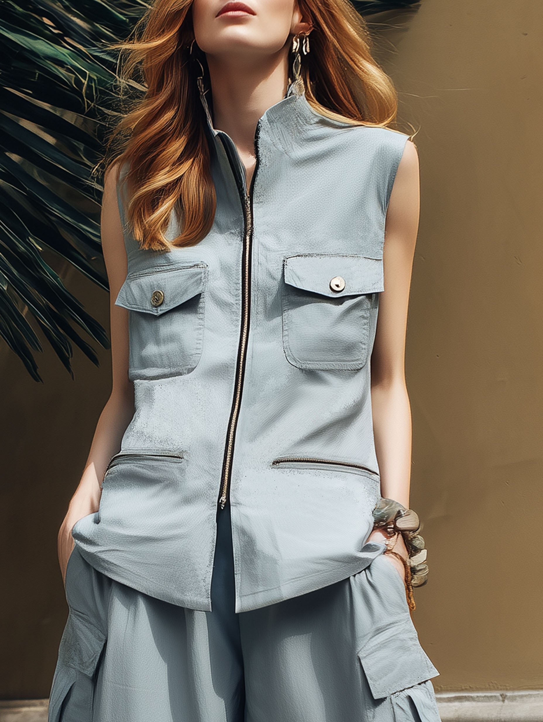 Fashionable Gray-Blue Cotton Linen Workwear Zipper Sleeveless Flap Pocket Top And Trousers Set