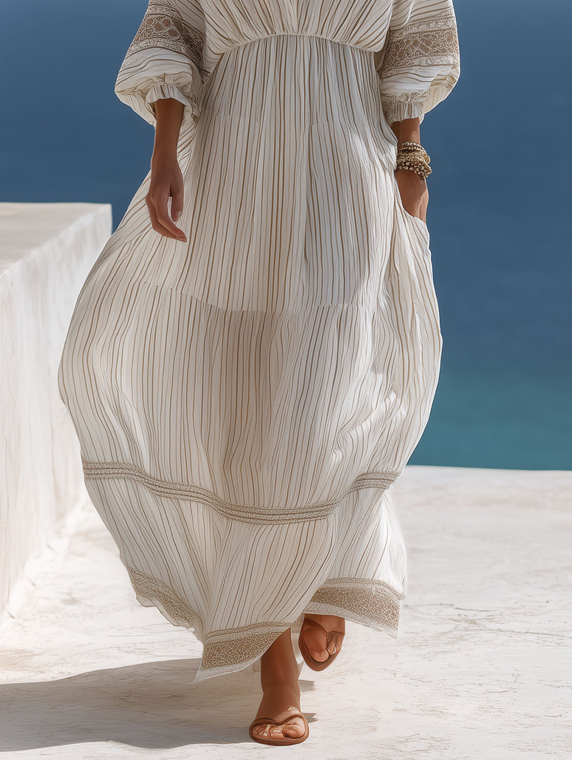 Resort Striped Chiffon Print V-Neck Long-Sleeve Maxi Dresses