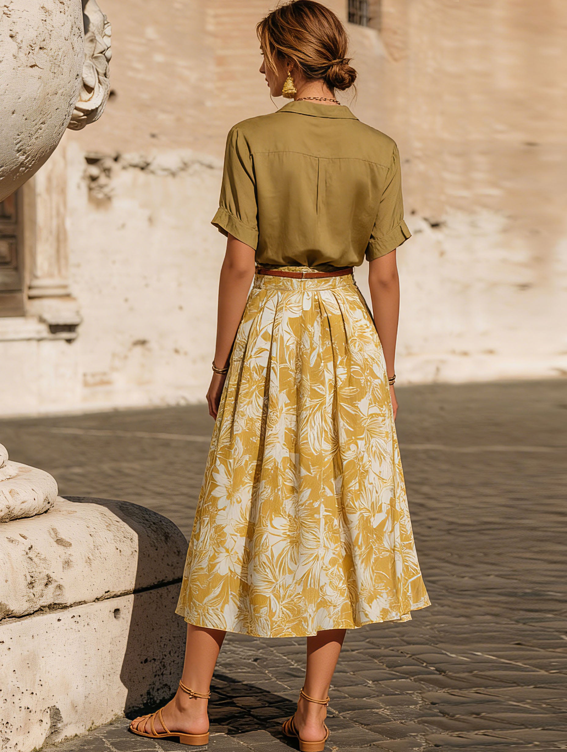 Resort-Style French Satin Green Top And Printed Skirt Set