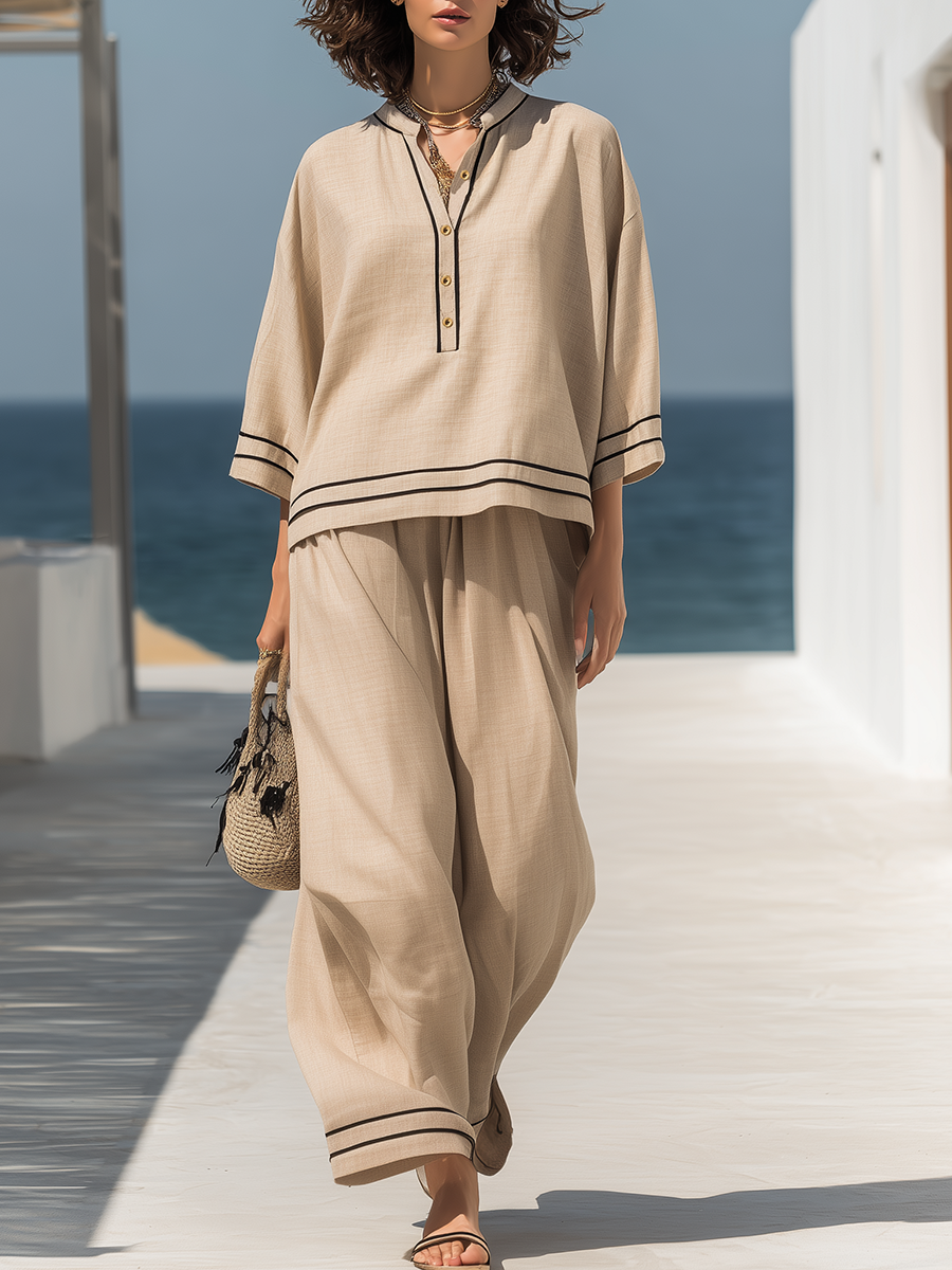 Vacation-style Beige V-neck Cotton And Linen Long-sleeved Top And Trousers Set