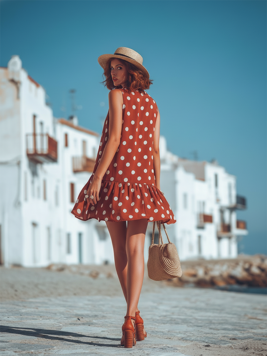 Resort-style Red Polka Dot Loose Sleeveless Mini Dress
