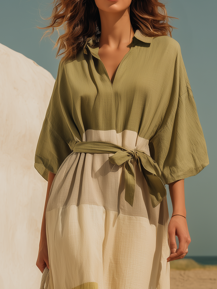Vacation-style Cotton And Linen V-neck Long-sleeved Color-block Maxi Dress