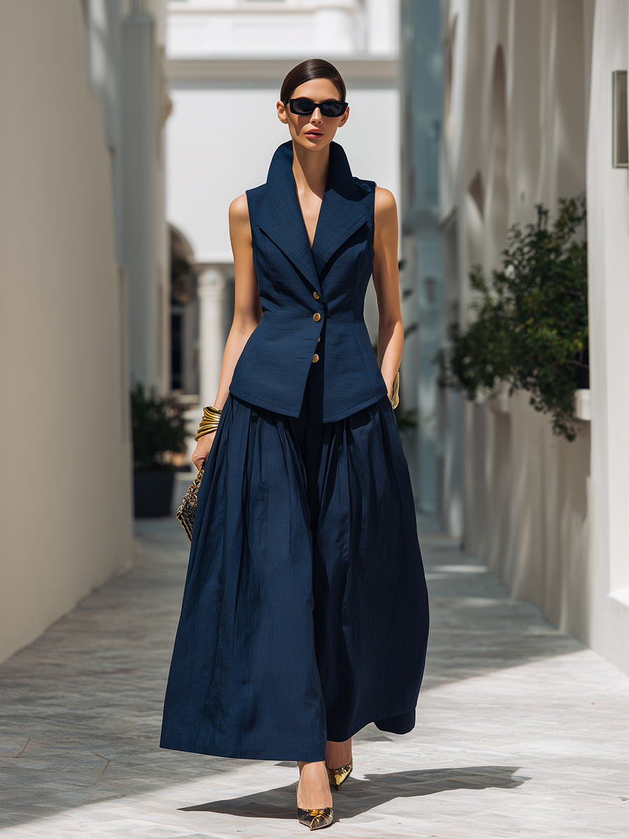 Stylish Vacation Navy Blue Vest And Wide-leg Pants Set