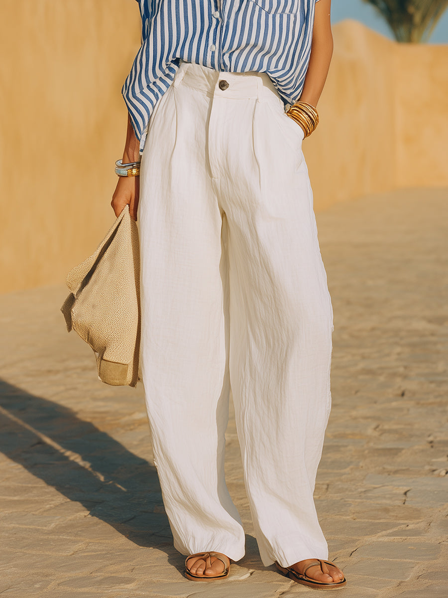 Coastal Style Blue And White Striped Shirt And White Loose-fitting Trousers Set
