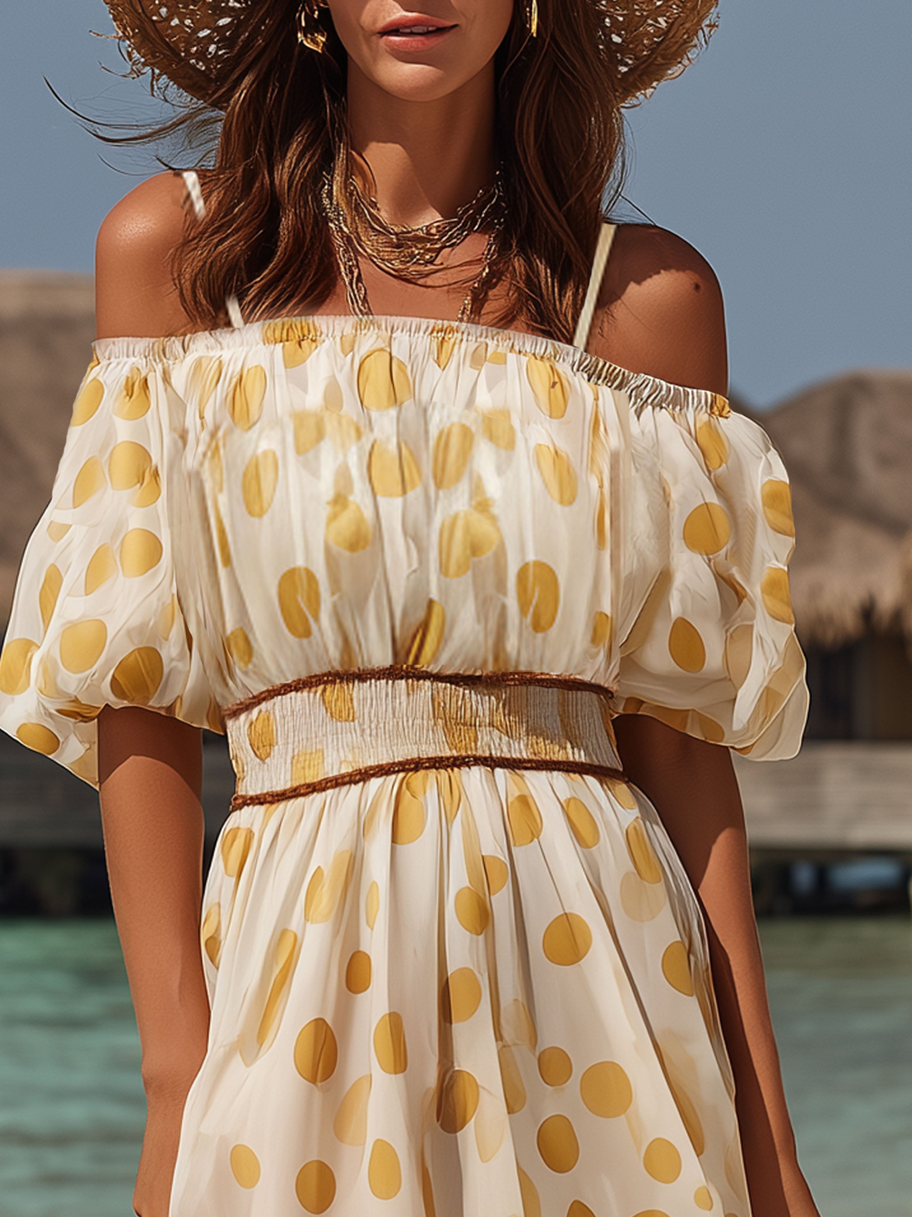 Resort Chiffon Yellow Polka Dot Off-Shoulder Beige Maxi Dress