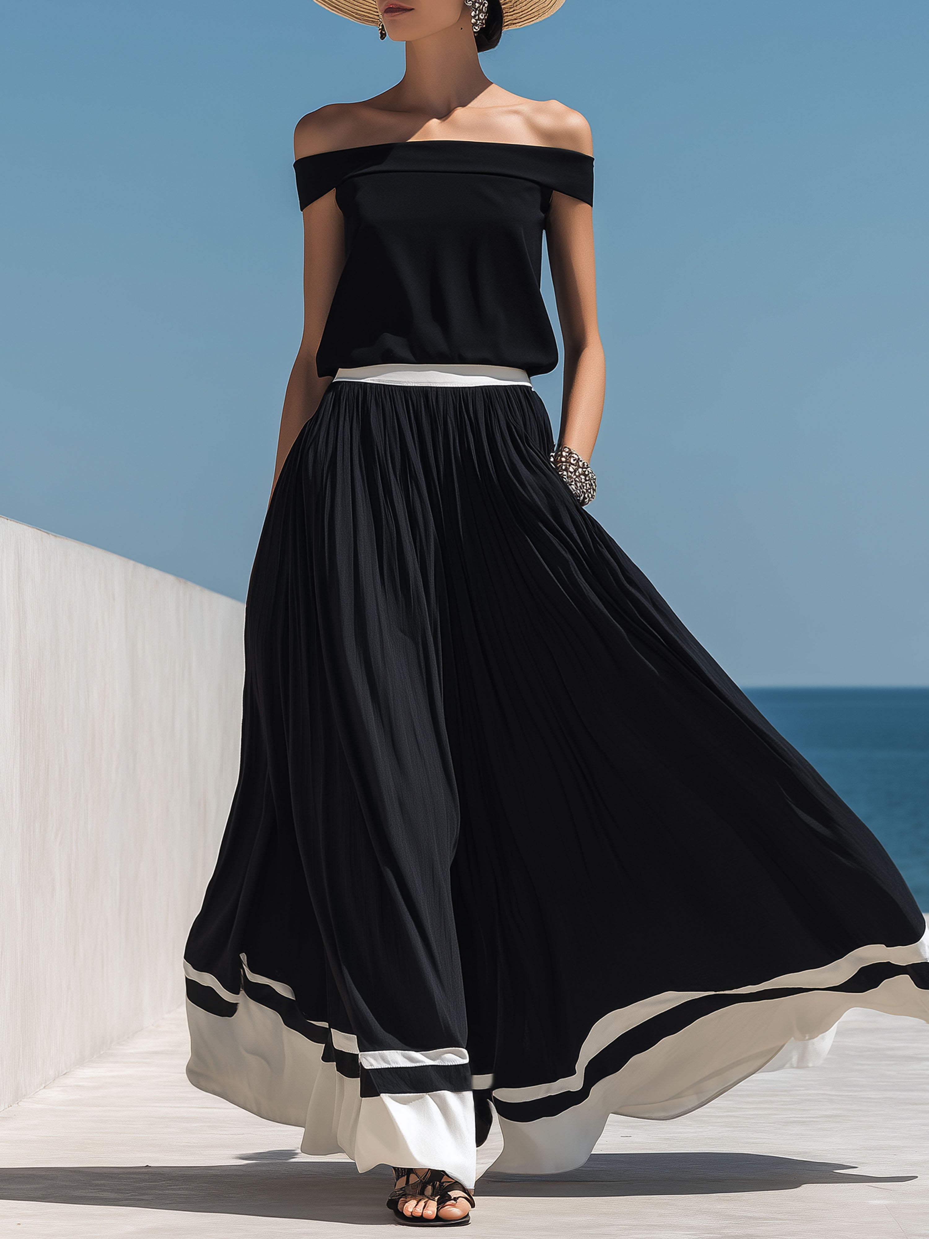 Vacation Black Off-Shoulder White Decorated Top And Long Skirt Set