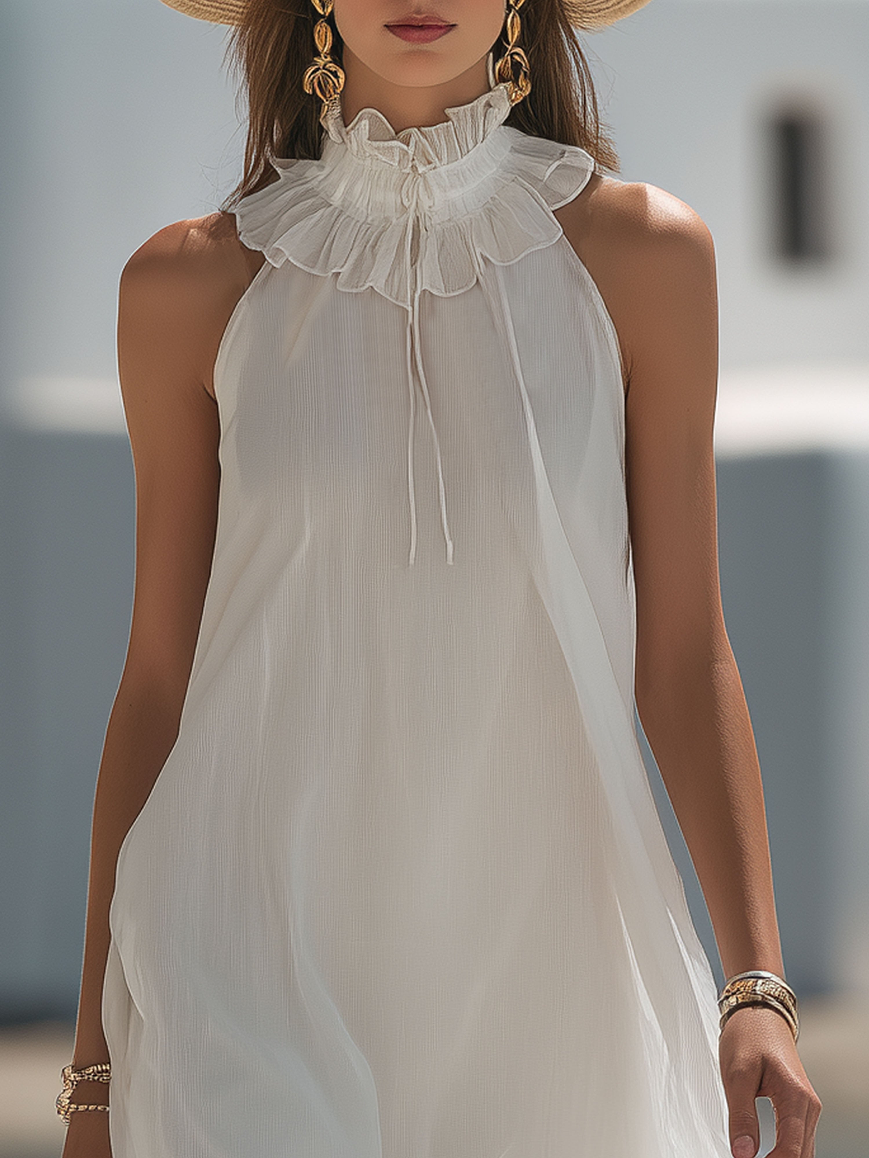 Resort Chiffon White Sheer With Tie Neckline Maxi Dress