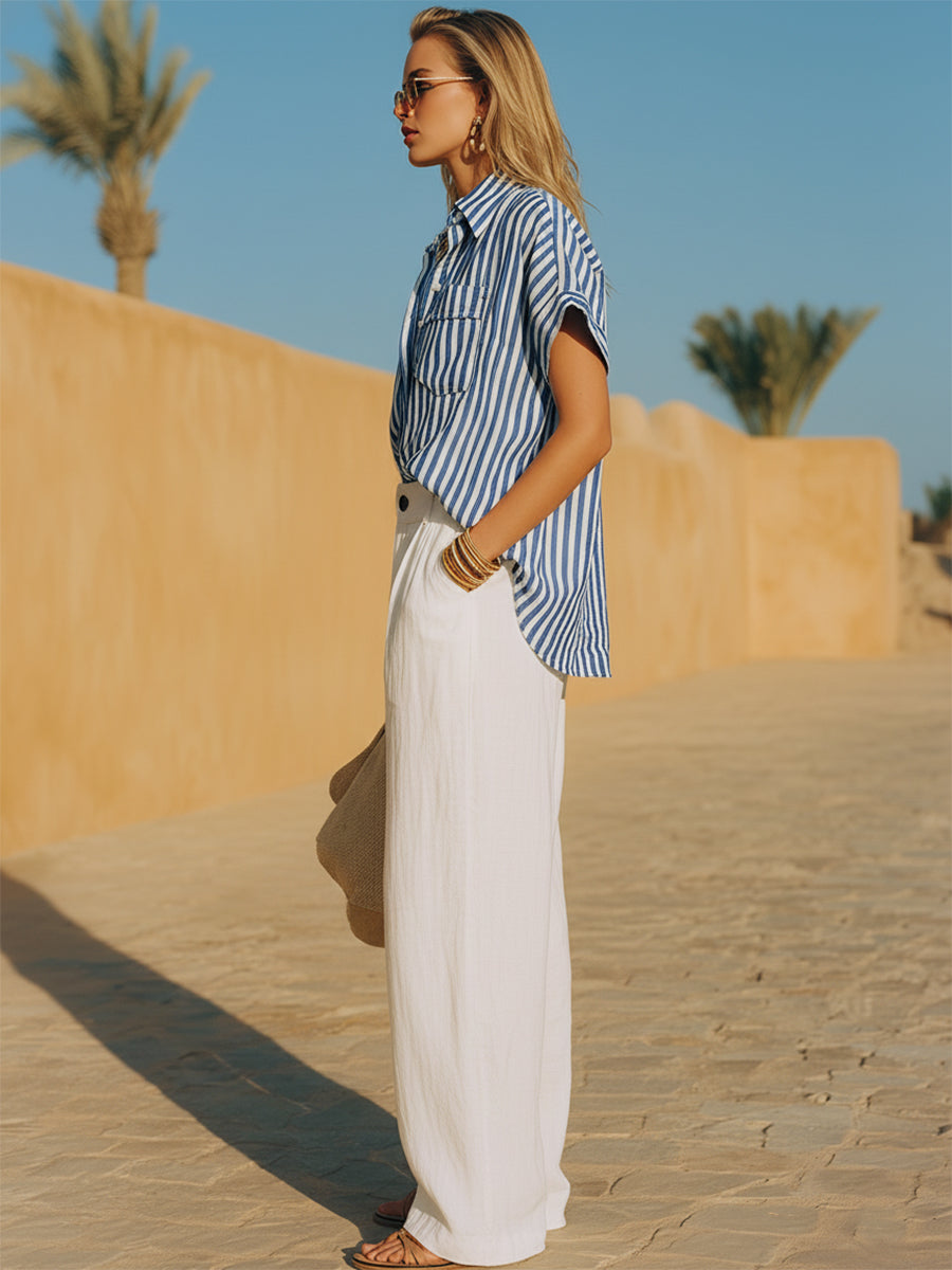 Coastal Style Blue And White Striped Shirt And White Loose-fitting Trousers Set