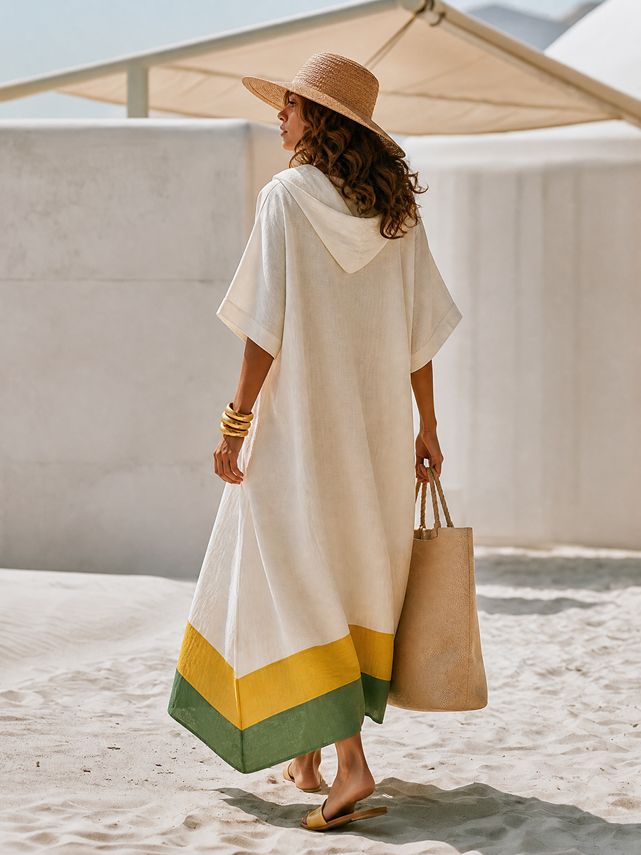 Minimalist Color-Block Hem Off-White Hooded Short-Sleeve Cotton-Linen Maxi Dress