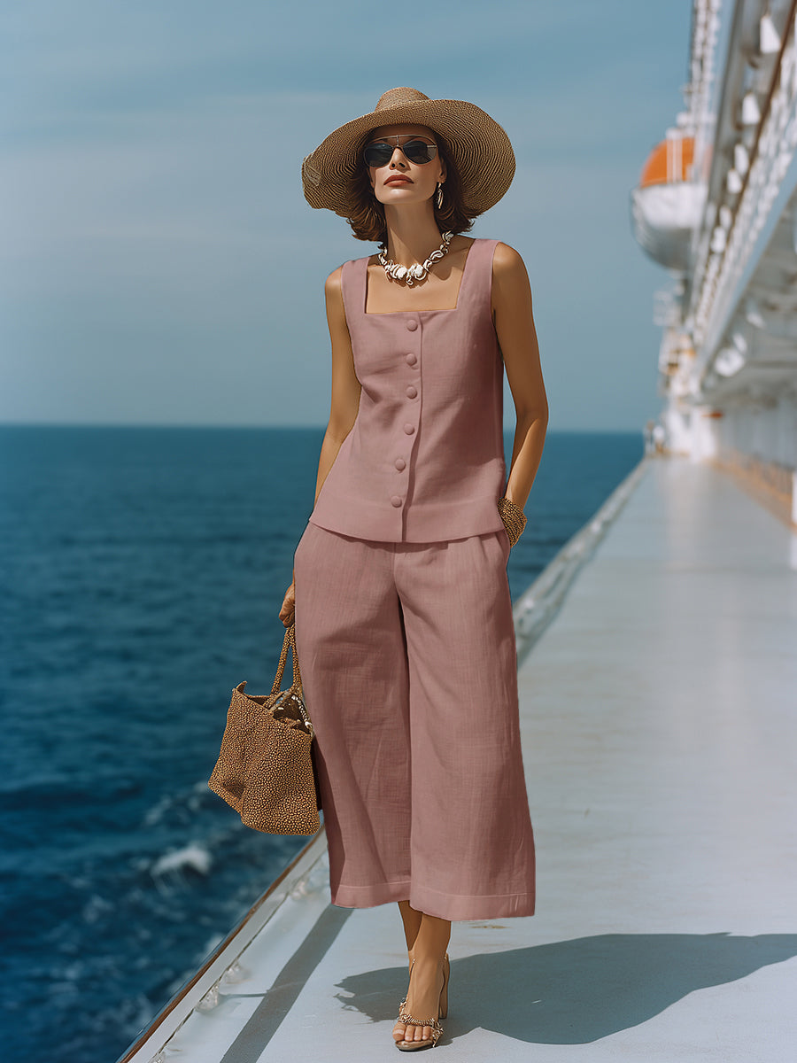 Classic White Cotton-linen Square-neck Top And Capri Pants Set