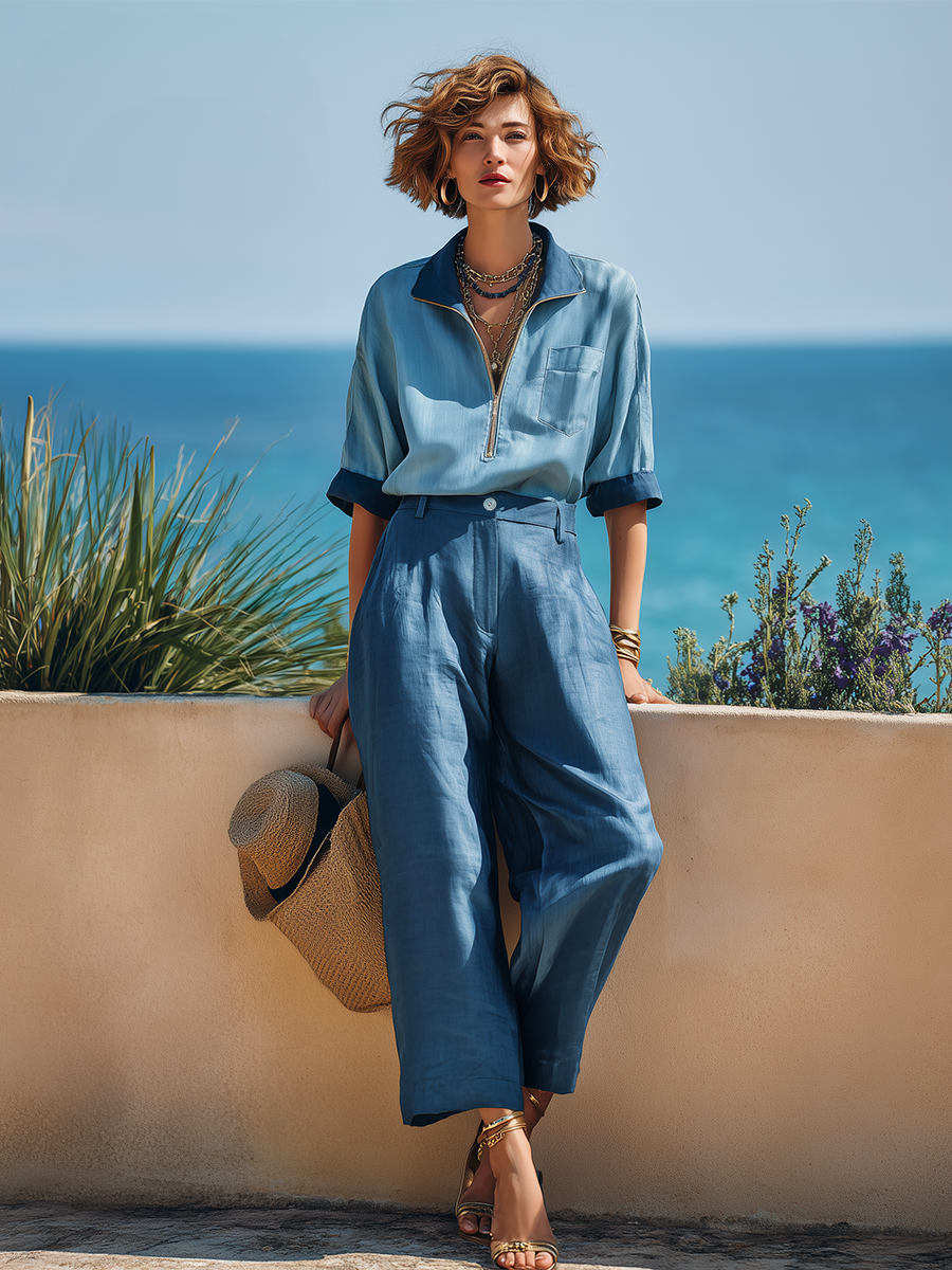 Vacation-Style Blue Short-Sleeve Zip-Up Top And Pants Set