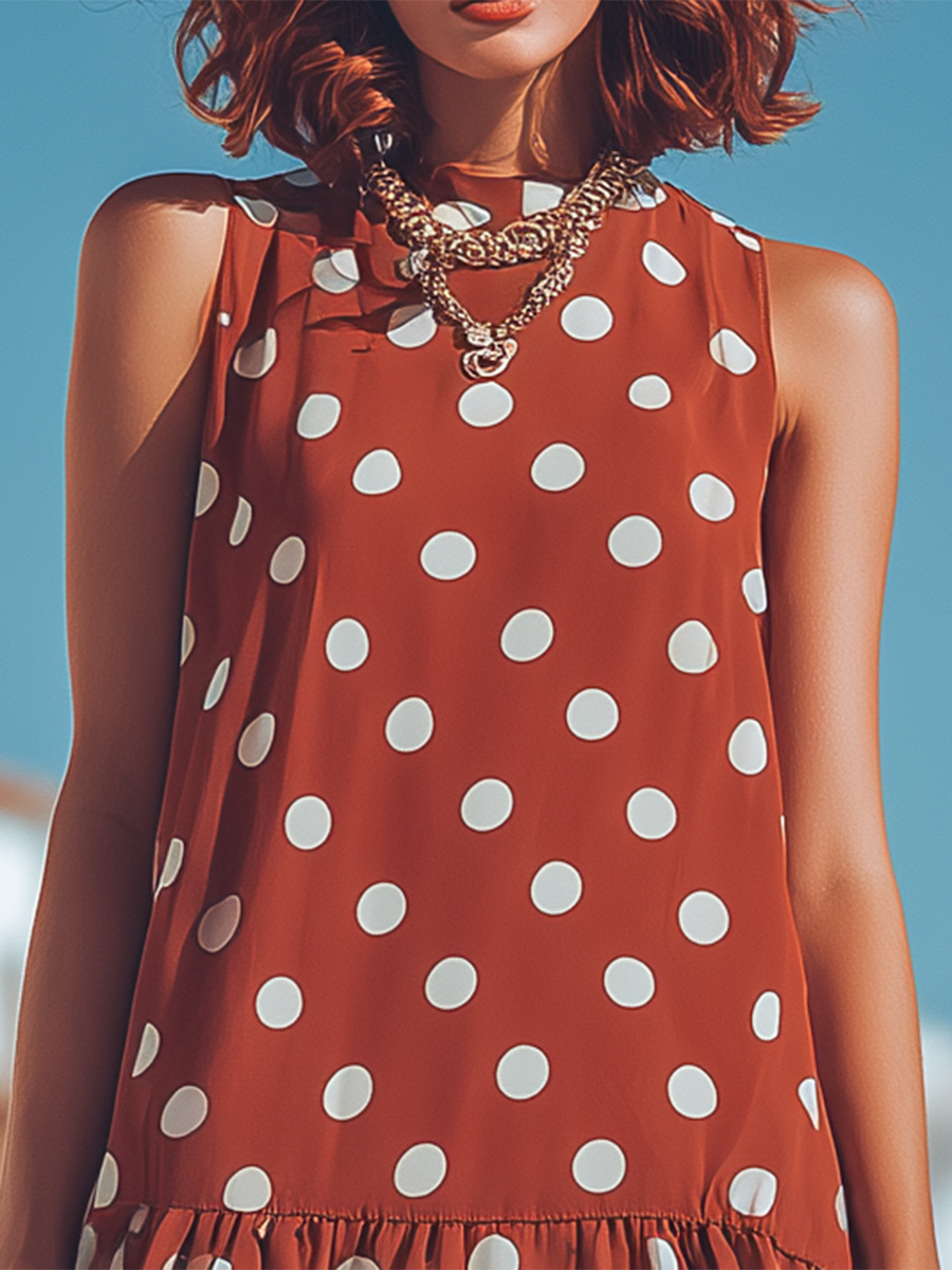 Resort-style Red Polka Dot Loose Sleeveless Mini Dress