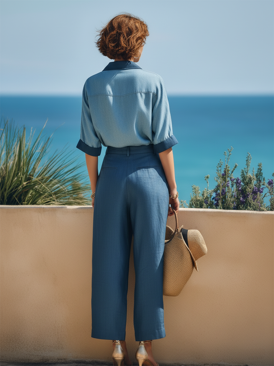 Vacation-Style Blue Short-Sleeve Zip-Up Top And Pants Set