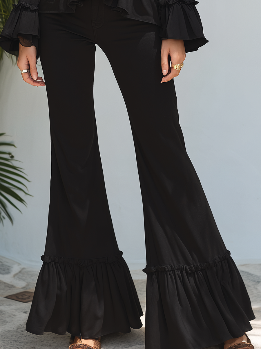 Resort-style Black V-neck Ruffled Long-sleeved Trouser Set