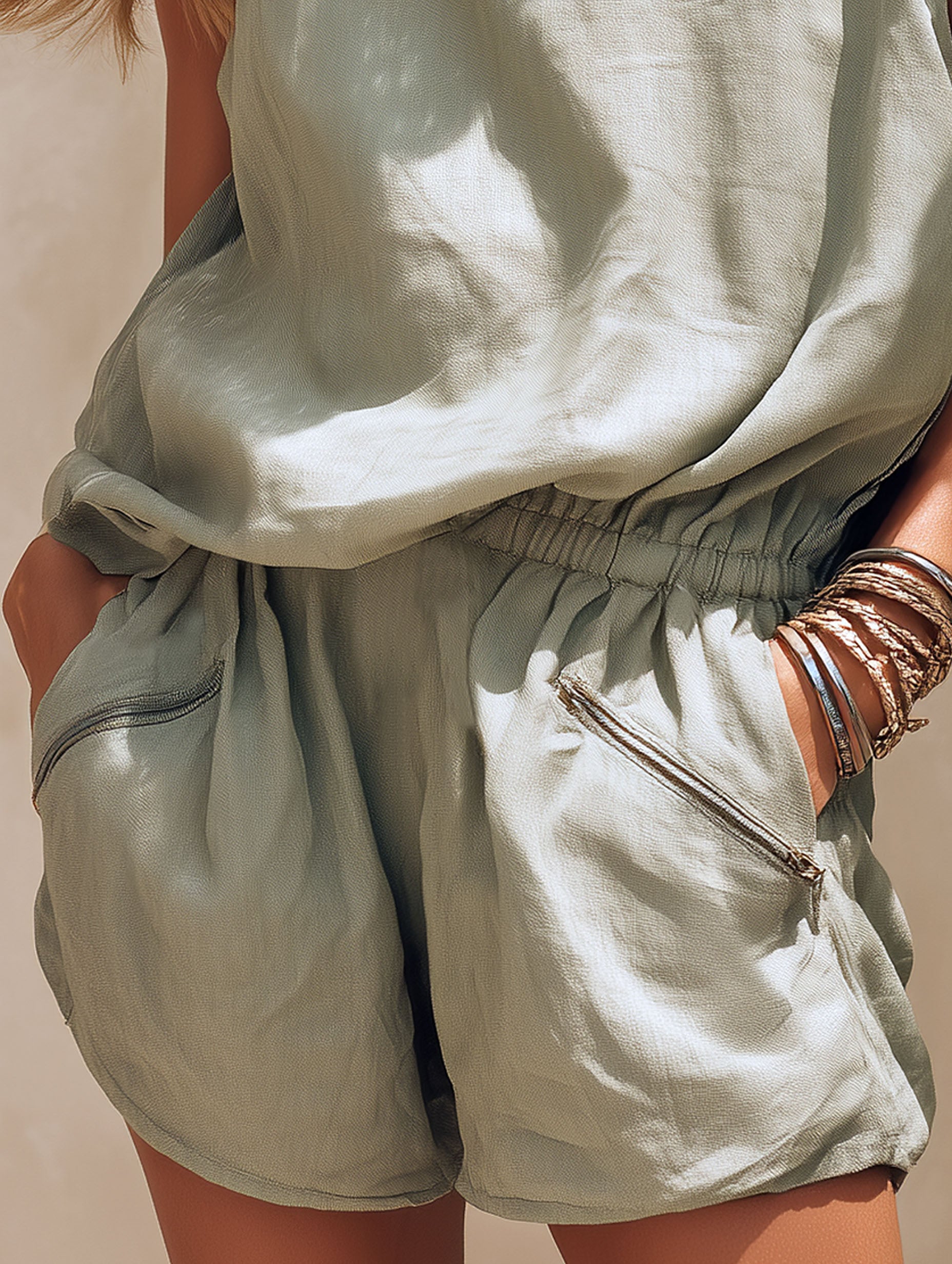 Resort-Style Gray-Green Turtleneck Elastic Waist Zippered Sleeveless Shorts Jumpsuit
