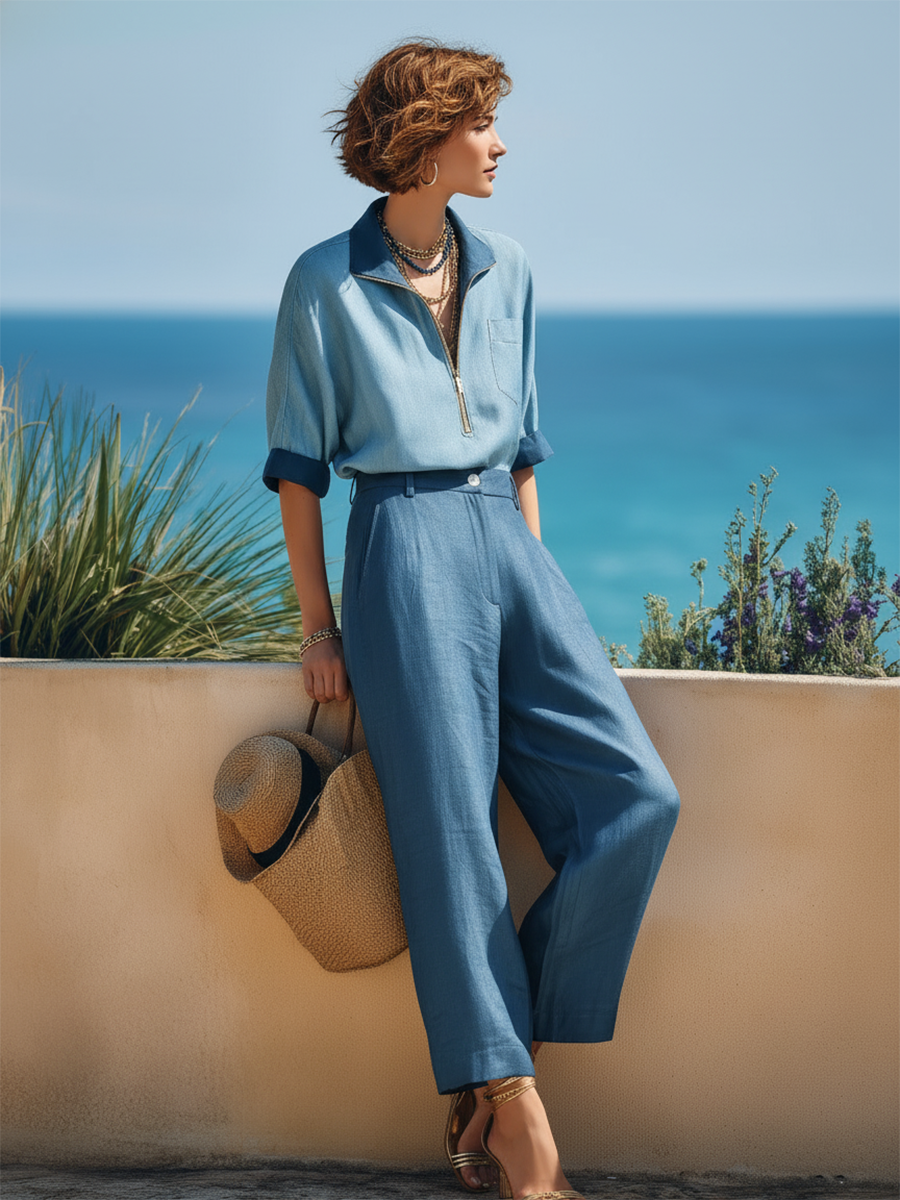 Vacation-Style Blue Short-Sleeve Zip-Up Top And Pants Set