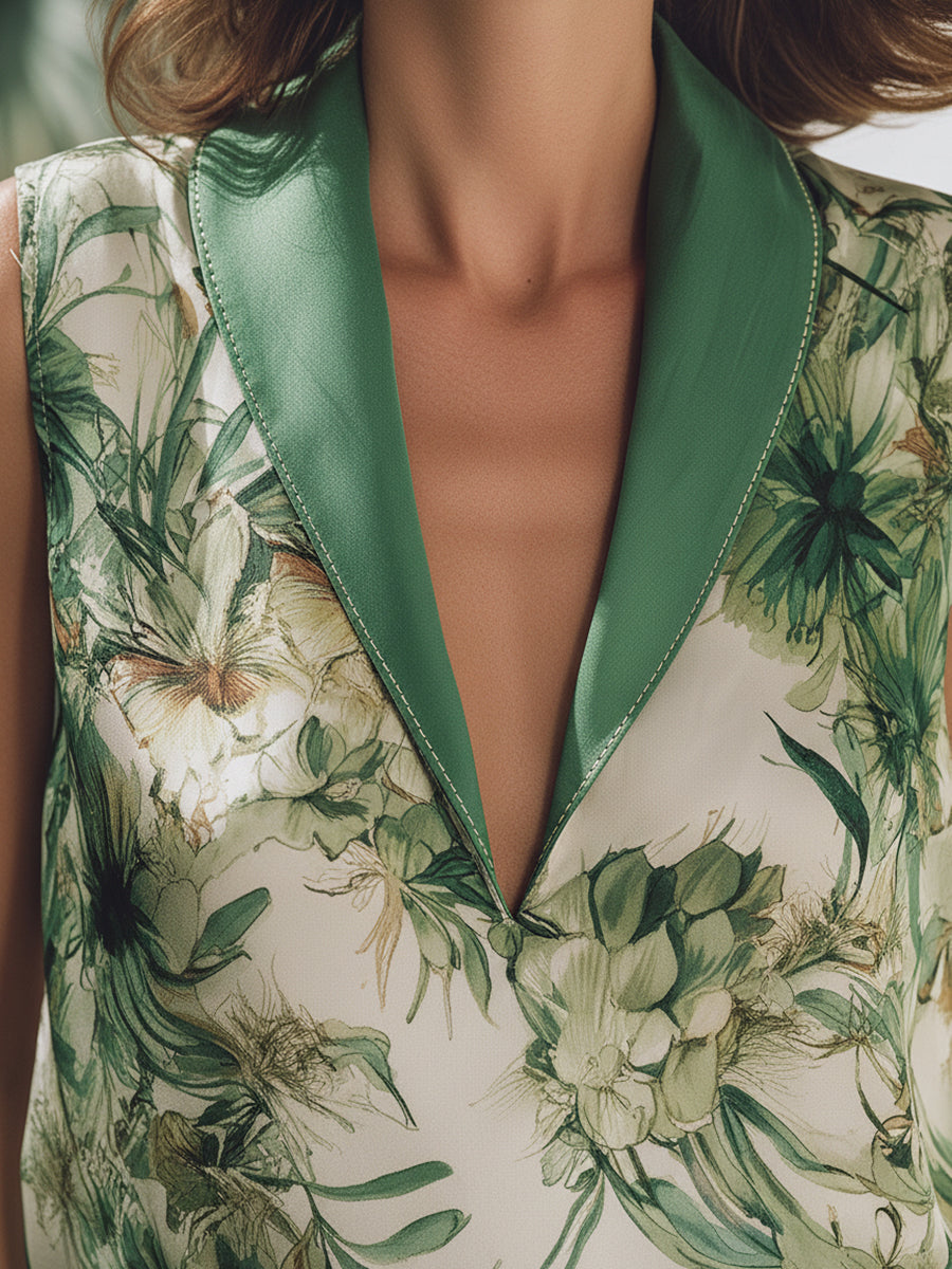Retro Vacation Sleeveless Floral Print Contrast-Trim Shawl Collar Top