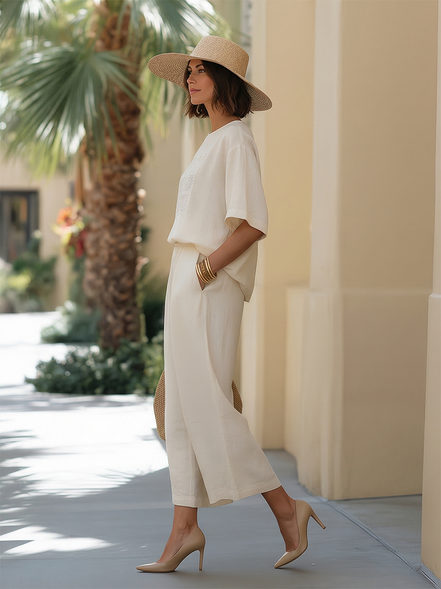 Simple Vacation-style Crochet Patchwork Short-sleeved Top And Wide-leg Capri Pants Set