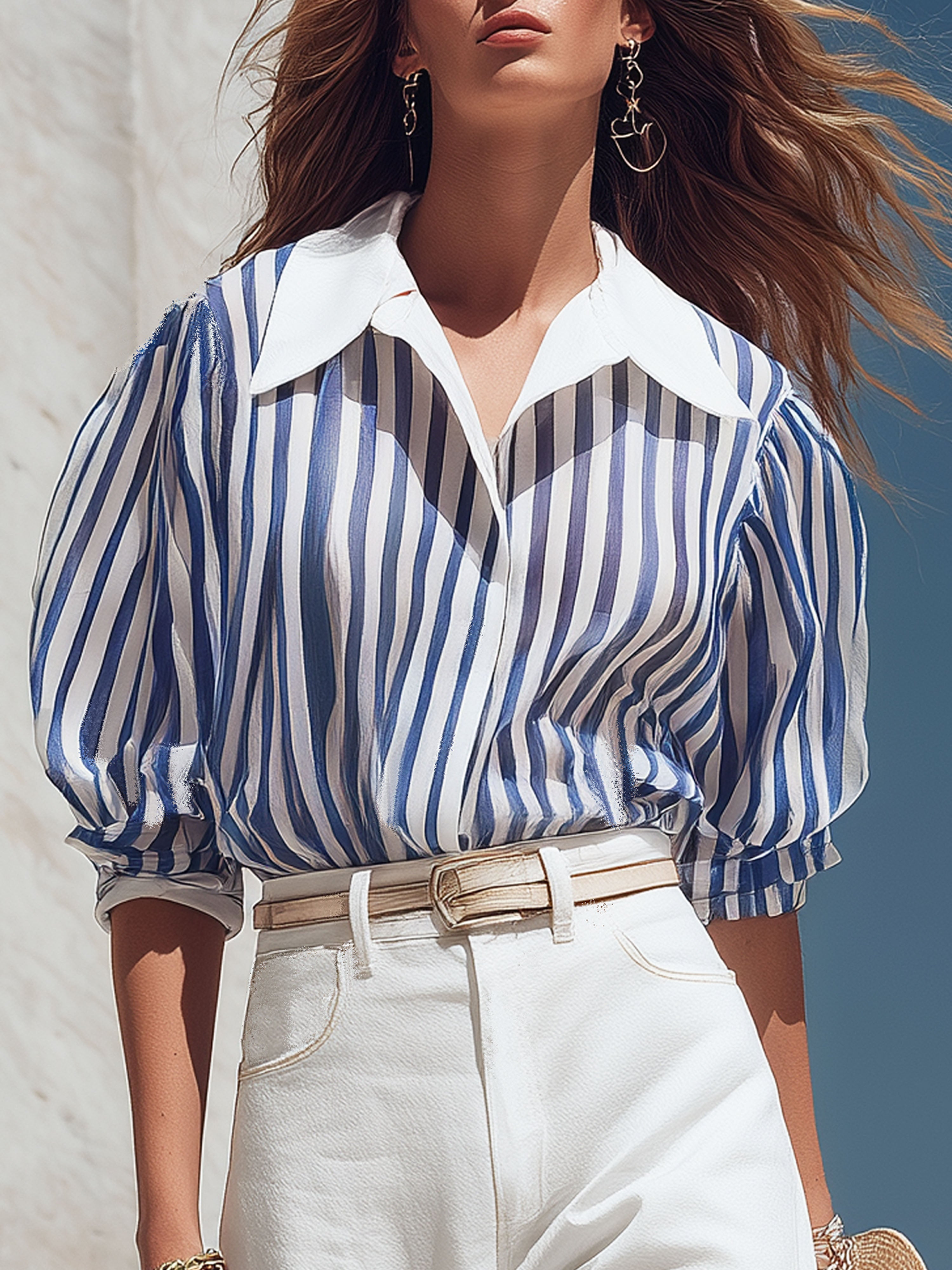 French-Style Chiffon Blue And White Striped Sheer Shirt With White Shirt Collar And Belted Trousers Set