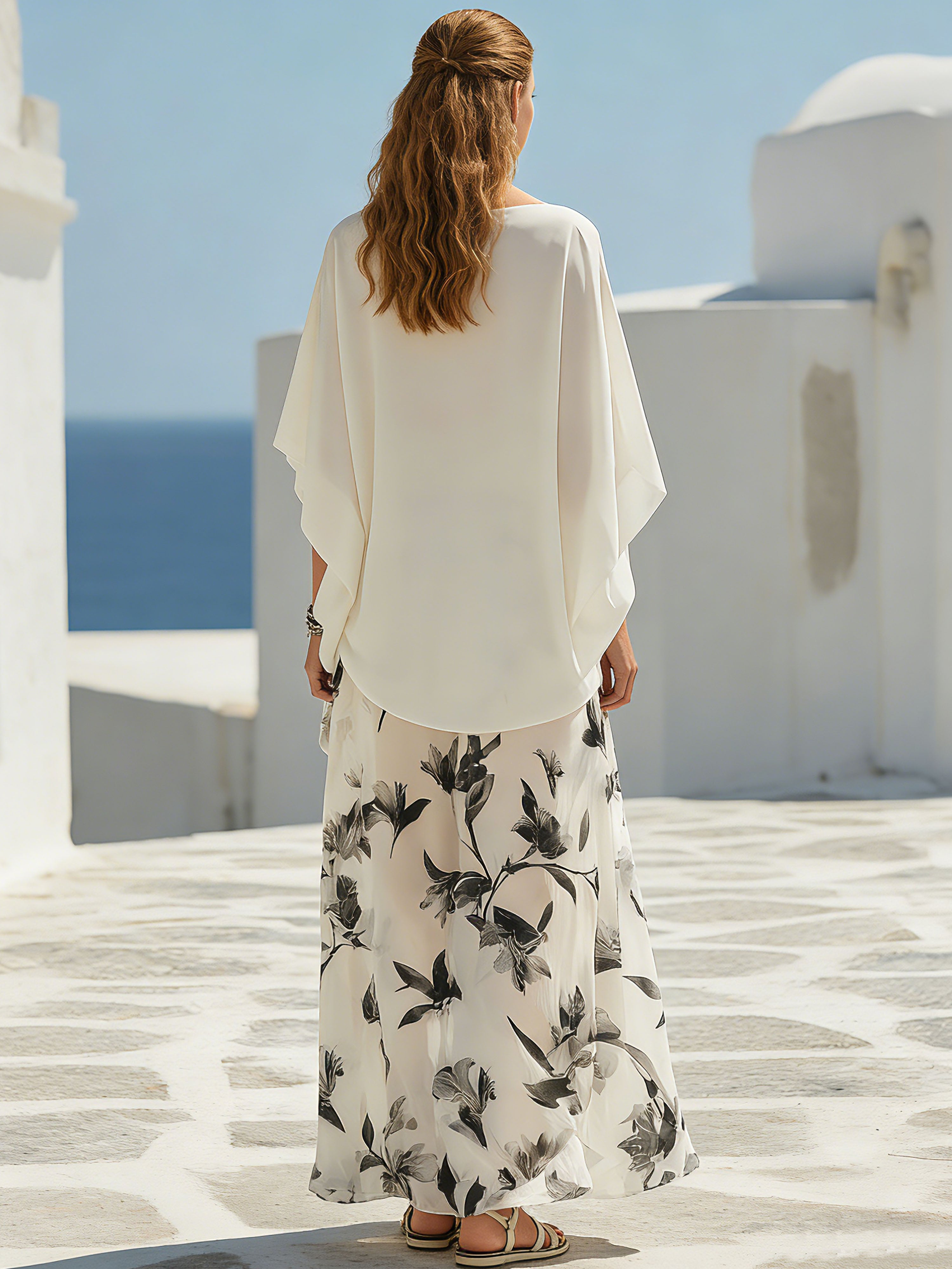 Resort White Chiffon Printed Batwing Sleeve Maxi Dress Set