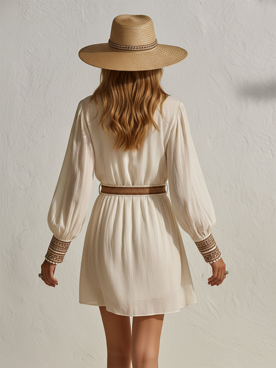 Casual Vacation Brown Ribbon Beige Cotton Linen Mini Dress