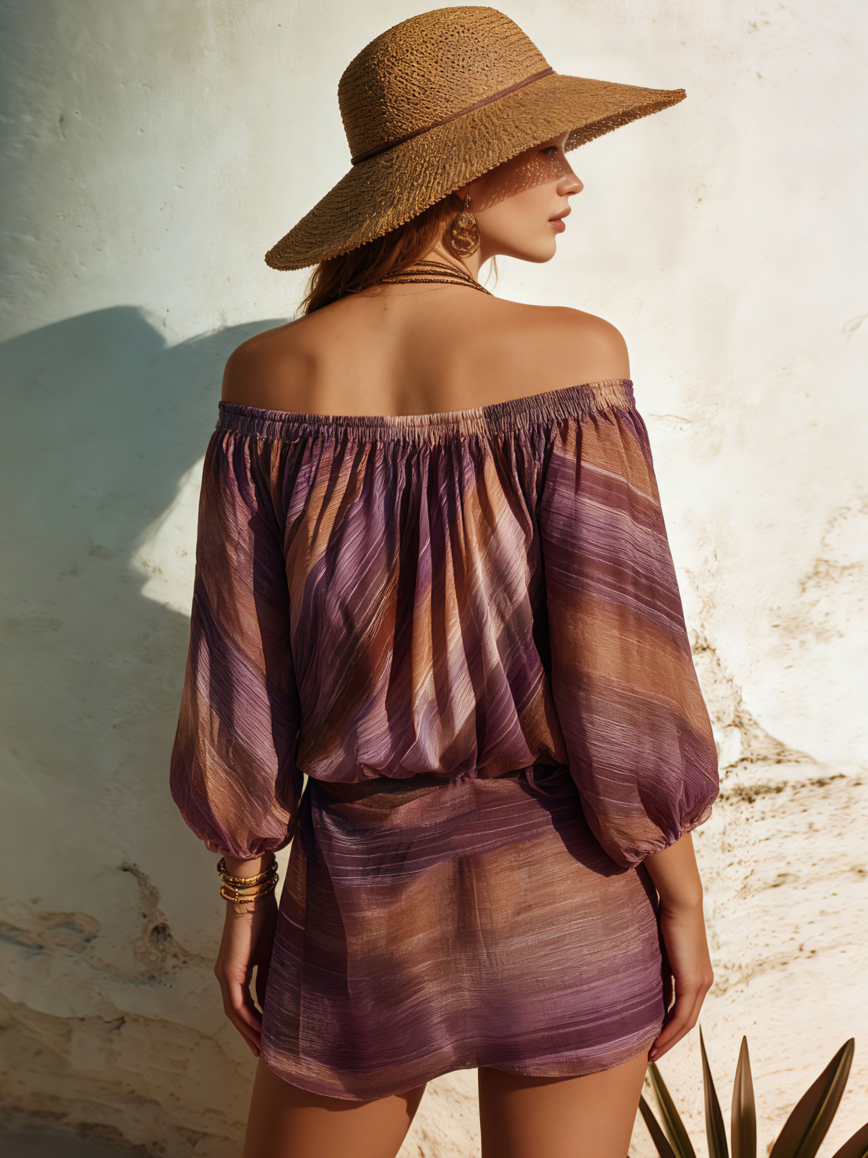 Elegant Vacation Chiffon Purple Striped Print Off-Shoulder Mini Dress