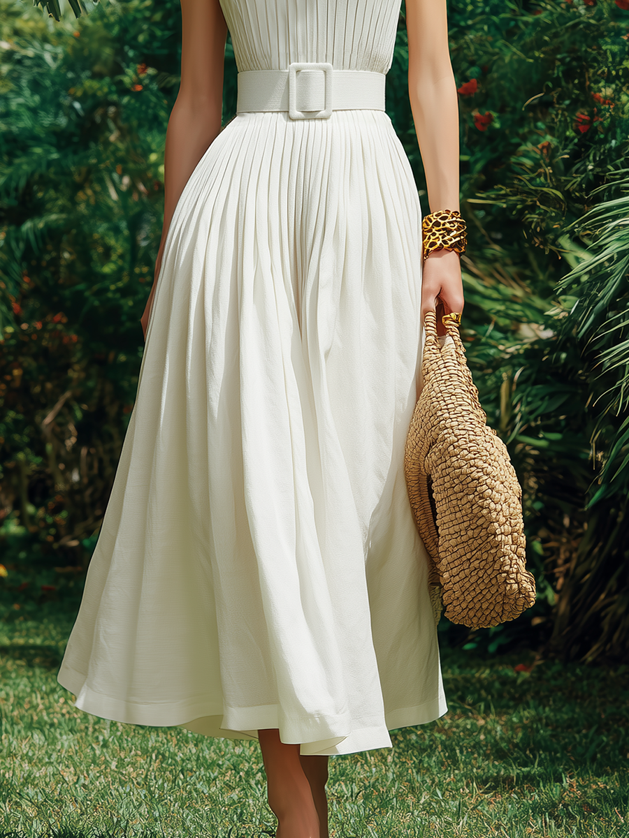 Elegant Vacation White Cotton Sleeveless Pleated Maxi Dress