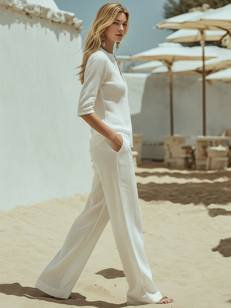 Mediterranean Minimalist Lace Trim White Cotton Linen V-neck Top And Pants Set