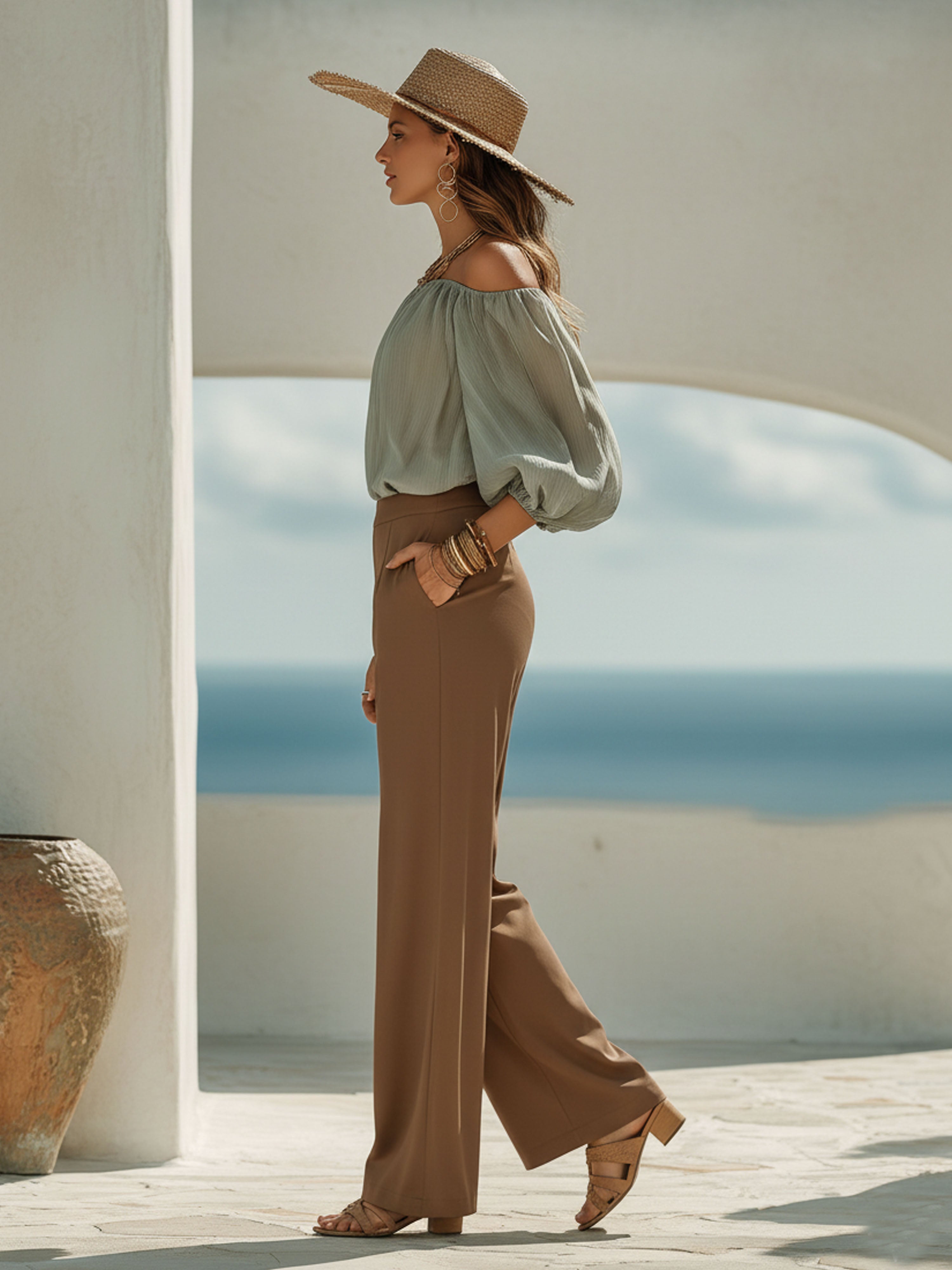 Resort-Style Chiffon Lantern Sleeve Off-Shoulder Top And Khaki Trousers Set