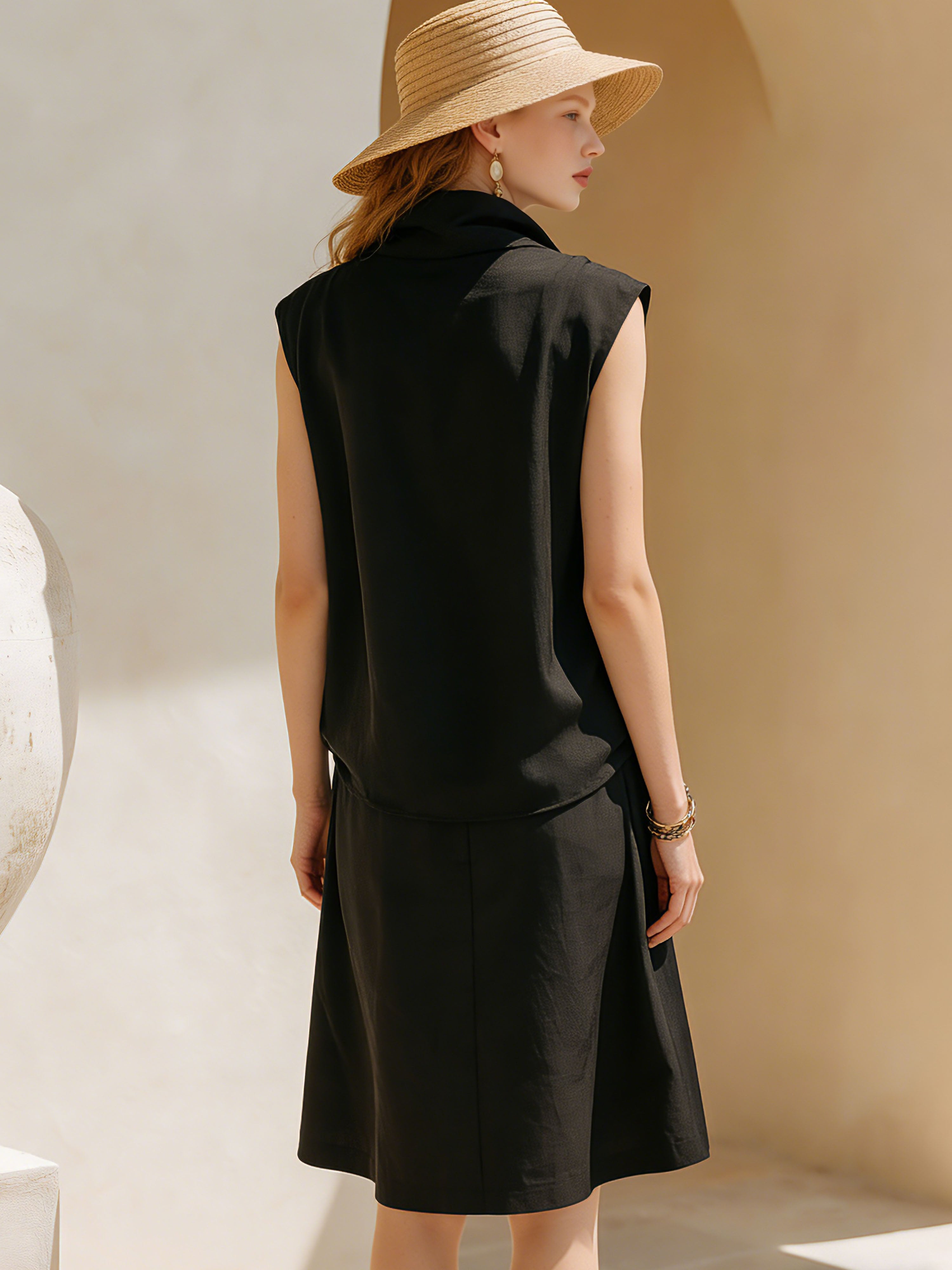 Elegant Vacation Style Tencel Black Turtleneck Sleeveless Top And Drawstring Skirt Set