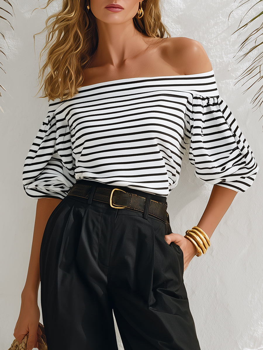 Nautical Resort Style Striped Off-the-shoulder Top And High-waisted Wide-leg Pants Set