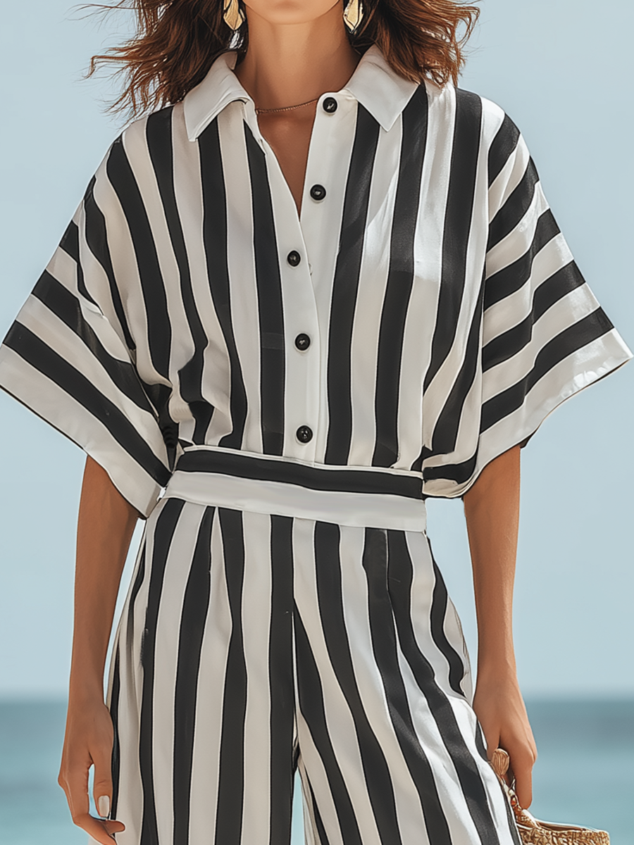 Resort-style Black And White Striped Short-sleeved Trouser Set