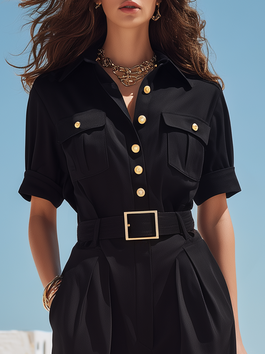 Resort-style Cotton Black V-neck Short-sleeved Trouser Set