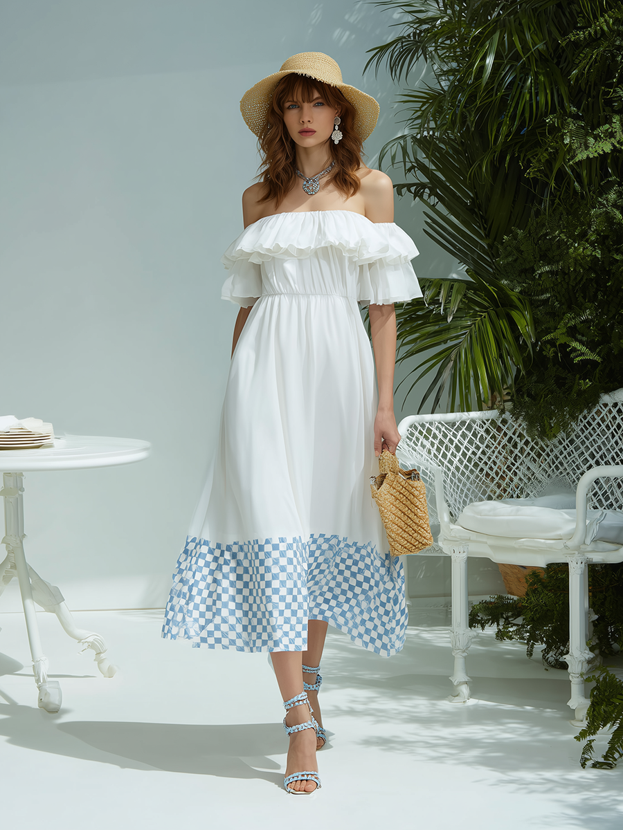 Vacation-Style Off-Shoulder Short-Sleeve Plaid-Paneled Midi Dress