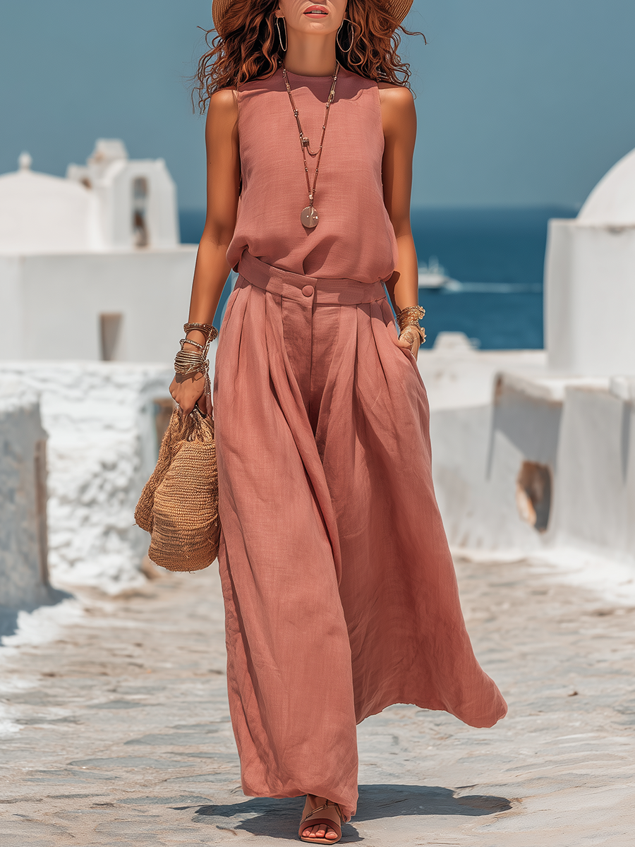 Resort-style Sleeveless Top And Wide-leg Pants Set