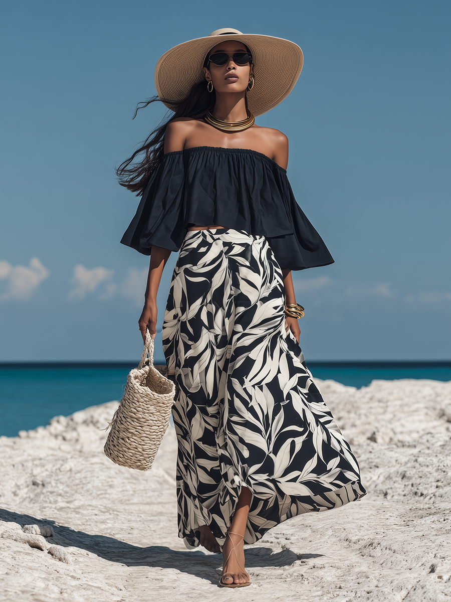 Romantic Bohemian Off-Shoulder Black Flared-Sleeve Top And Leaf-Print Chiffon Skirt Set